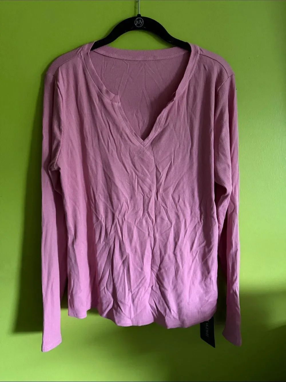 NWT Akewei Pink Stretch Ribbed V Neck Long Sleeve Top Shirt Size XL
